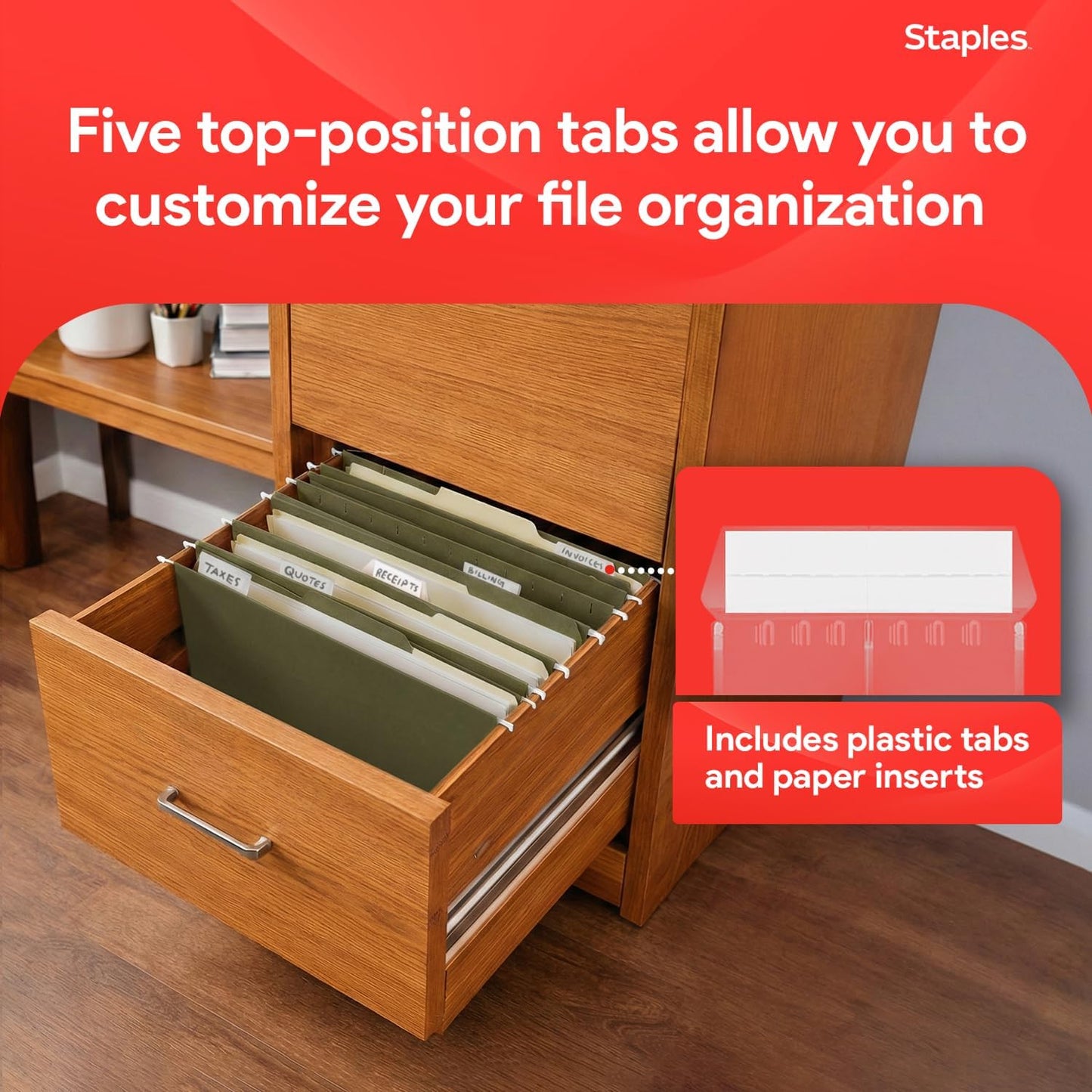 Staples Hanging File Folders, Letter Size, Blue, 5‑Tab, 1/5‑Cut Tabs, Includes Tabs & Inserts – 25/Pack