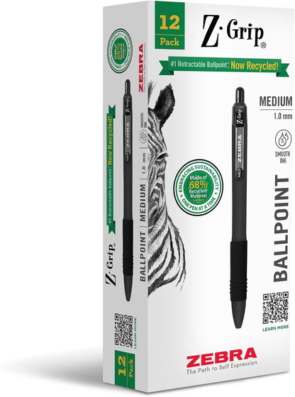 Zebra Pen Z-Grip Retractable Ballpoint Pen, Smooth-Flowing Black Ink, 1.0mm Medium Point, School & Office Supplies, Ideal for Note-Taking, Journal and Planner Use, 18-Pack (22218)