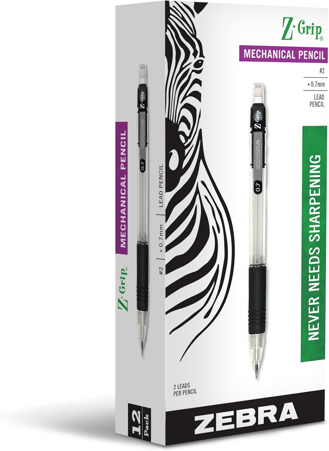 Zebra Pen, Z-Grip Mechanical Pencil, Smooth Writing, Latex-Free Grip, 0.7mm Lead, #2 HB, Pre-Loaded with Lead and Eraser, for School, Office, Everyday Use, Refillable, Clear Barrel, 24-Pack, (15241)