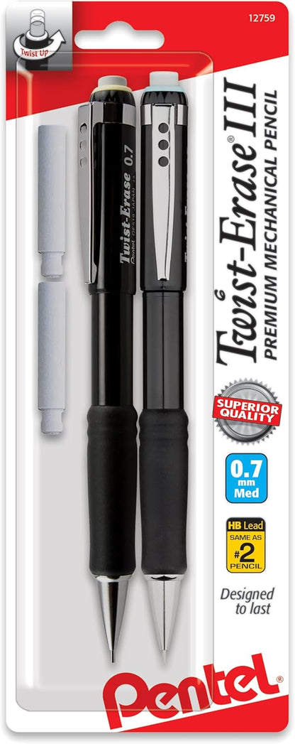 Pentel Twist-Erase III Mechanical Pencil, (0.7mm), Assorted Barrel Colors with 2 Eraser Refills, Pack of 2 (QE517BP2)