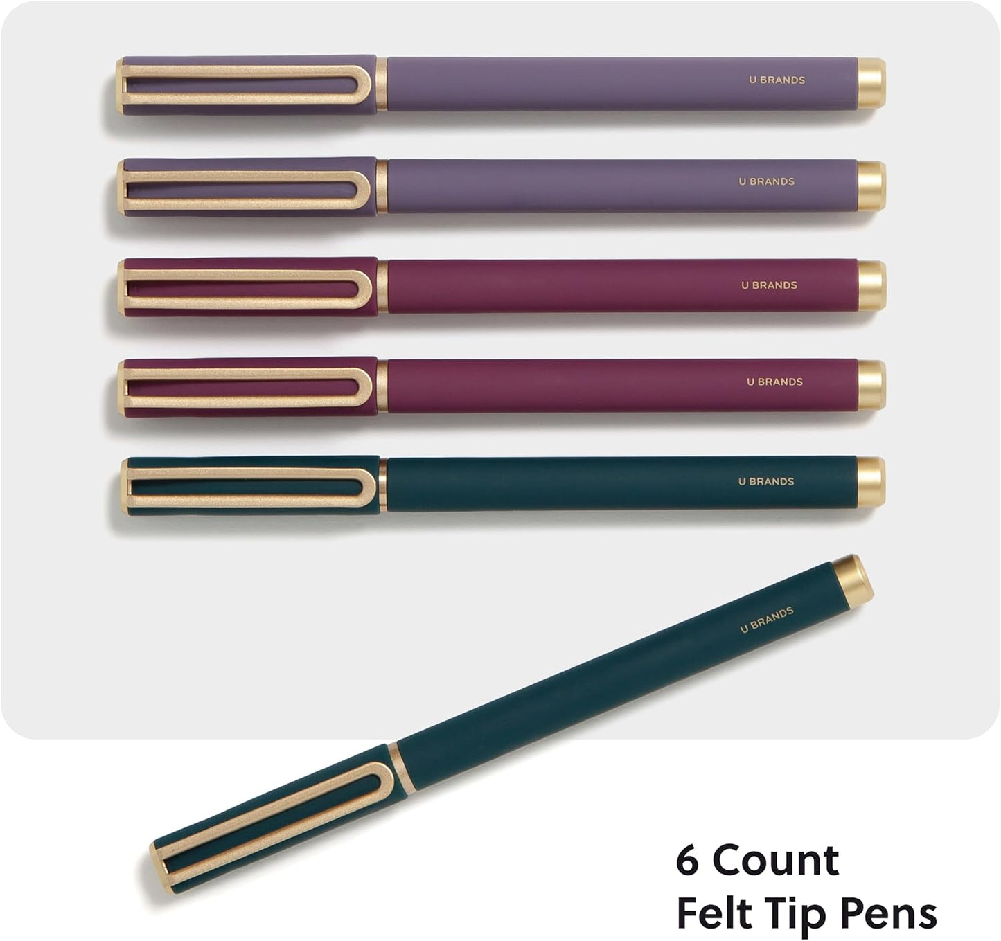 U Brands Catalina Felt Tip Pens, Set of 6 Black Ink Pens, Soft Touch Jewel Tones, Gold Details, Medium (0.7 mm) Point