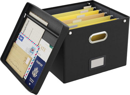 Oterri File Organizer Box with Lid, Hanging Filing File Box with Mesh Pocket, Document Organizer Box for Letter Files, Portable Storage Box with Smooth Sliding Rail for Office&Home (1 PCS, Beige)