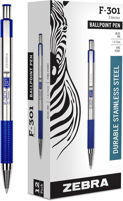 Zebra Pen F-301 Ballpoint Black, Blue, Red and Green Ink, Fine Point 0.7mm Pen, Easy-Glide Ink, Stainless Steel Retractable, Non-Slip Grip, Professional Design, Ideal for Office, 4-Pack (27174)