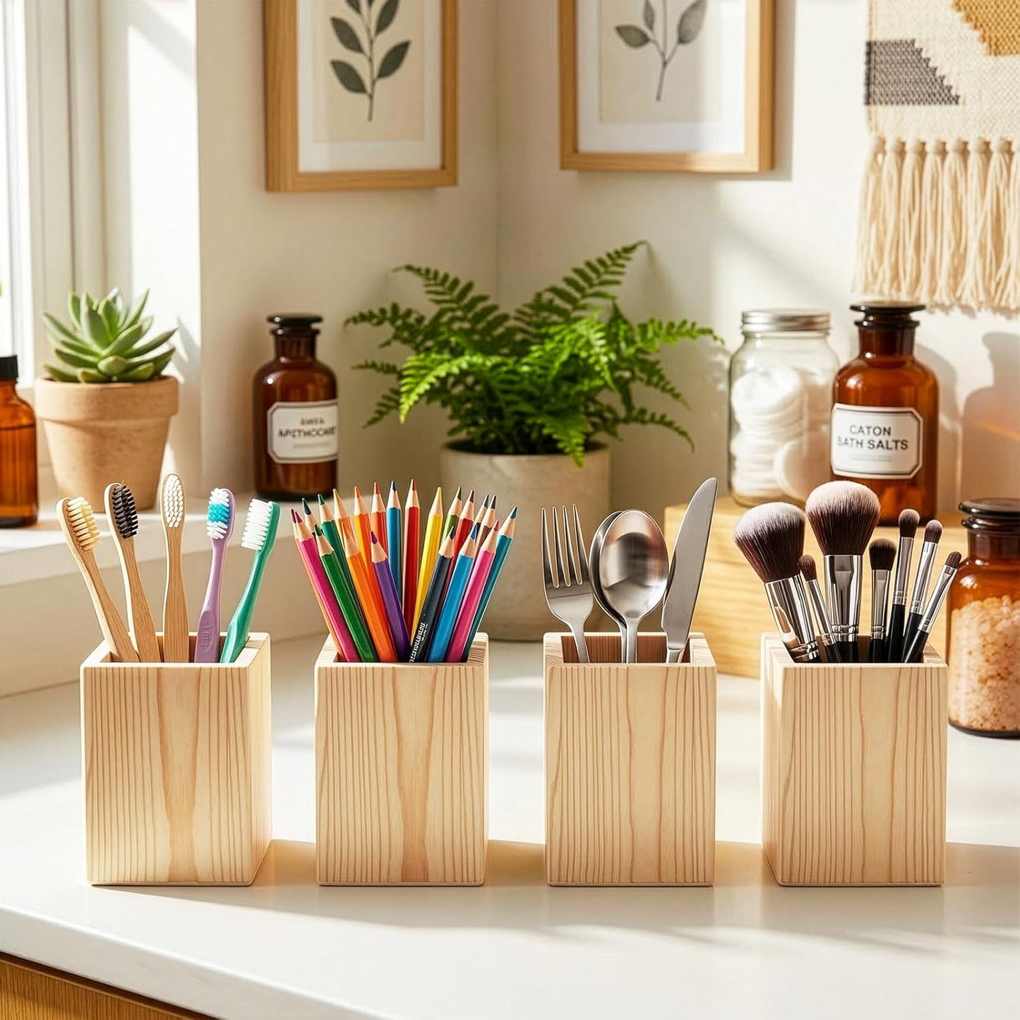 Yopay 12 Pack Wooden Pencil Holder, 4 Inch Square Desktop Wood Boxes for Crafts, DIY Unfinished Wooden Vase for Wedding Centerpieces Decor, Homemade DIY Supplies