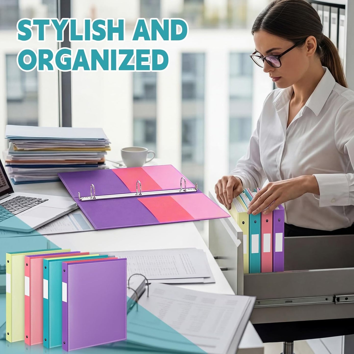 Henoyso 4 Pack Plastic Two-Tone View 3 Ring Binder, 1 Inch Round Ring Binder with Four Inner Pockets, Heavy Duty View Binders for School and Office, Pink, Teal, Purple and Lime (Clear Font Pocket)