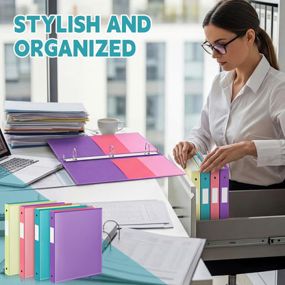 Henoyso 4 Pack Plastic Two-Tone View 3 Ring Binder, 1 Inch Round Ring Binder with Four Inner Pockets, Heavy Duty View Binders for School and Office, Pink, Teal, Purple and Lime (Clear Font Pocket)