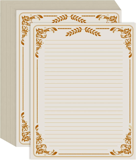 Vintage Lined Letter Paper - 100 Sheets, Stationary Paper for Writing Letters with Lines & Antique Border Design for Stationery Writing Papers,Invitations & Notes, 100gsm, 8.5'' x 11'', Brown