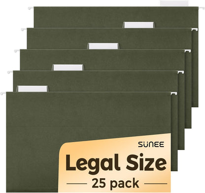 SUNEE Hanging File Folders, 25 Pack Reinforced Hang Folders Letter Size, Adjustable 1/5-Cut Tabs, Designed for Bulky Files, Filing Cabinet, Standard Green