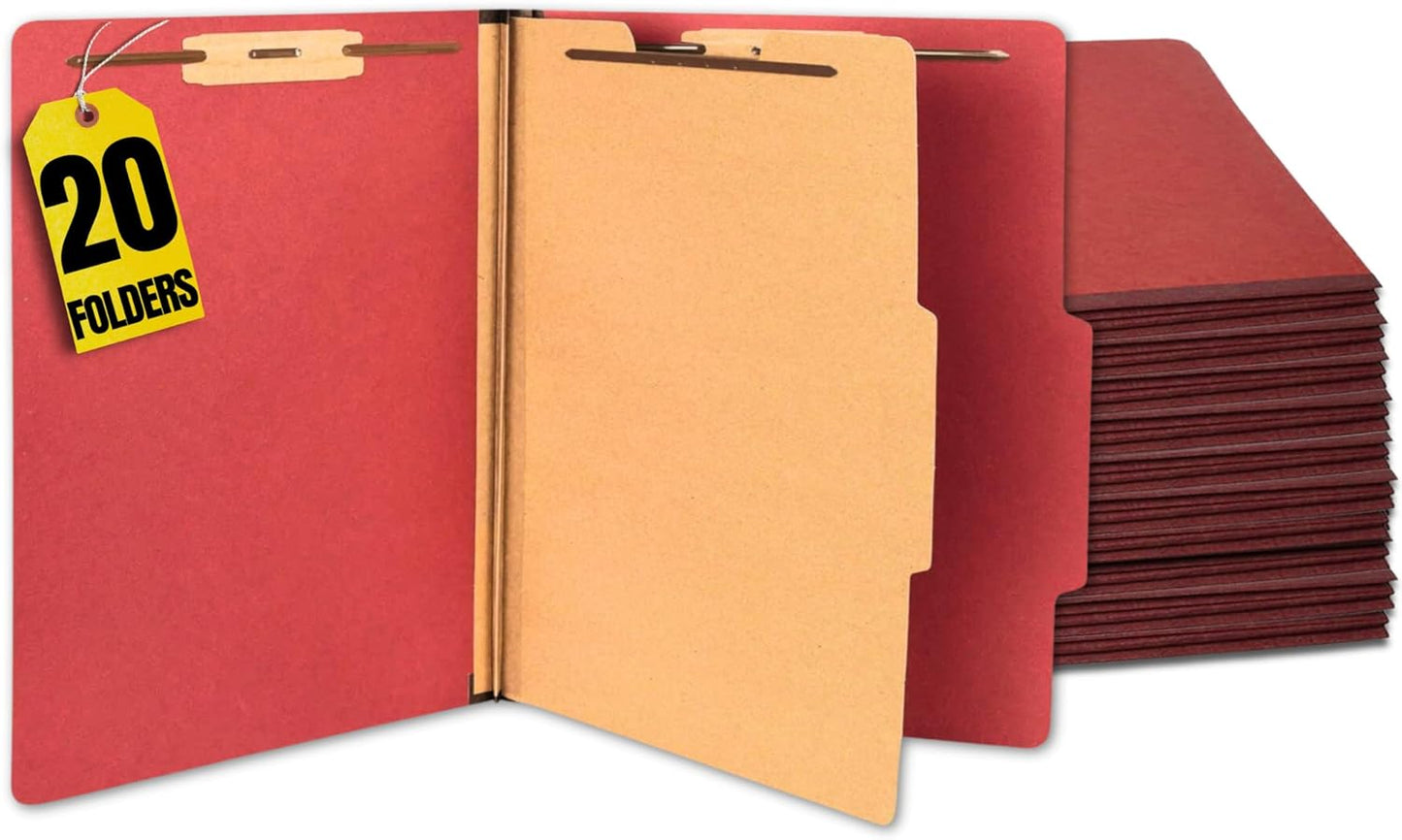 1InTheOffice Classification Folders, 2 Dividers, Heavy-Duty Pressboard Cover, Letter Size, Brick Red, 6 Fasteners,20 Pack