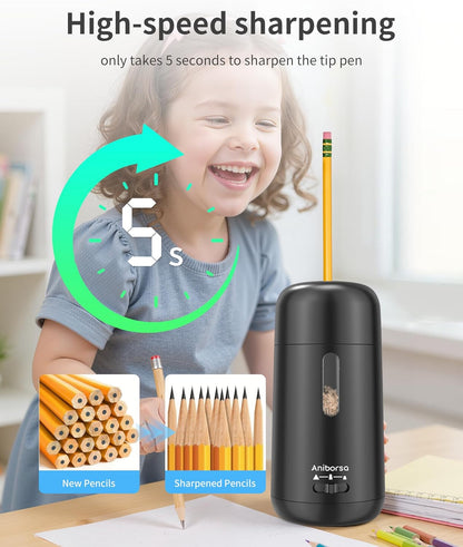 Automatic Electric Pencil Sharpener - Auto Feed, Auto Stop & Auto Eject, Rechargeable for Classroom, Home, School, Office, Black