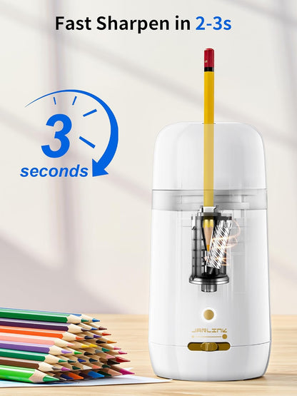 JARLINK Automatic Electric Pencil Sharpener - Hands-Free Operation, 3 Sharpness Modes, 3-Second Sharpening, Rechargeable & Portable for 7-12mm Pencils, Ideal for Classroom and Home Use (Black)
