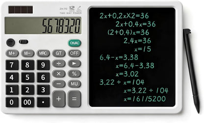 Desk Calculator with Erasable Writing Pad, 12-Digit Wide Screen Display, 100,000+ Reusable LCD Notepad, One-Click Clear & Lock Function, Solar and Battery Dual Power for Office,School,Business (Black)