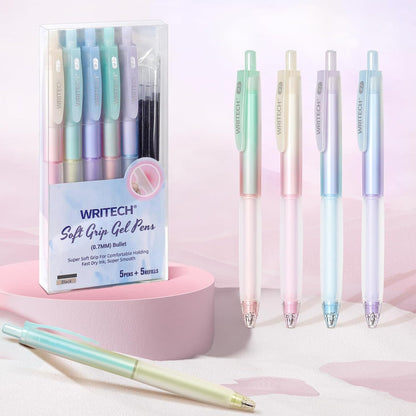 WRITECH Retractable Gel Ink Pens: 0.7mm Fine Point Black-Ink Aesthetic Gradient Color Barrel Soft Grip Medium Point Pen 5ct with 5 Refills for Journaling Smooth Writing Quick-dry No Bleed