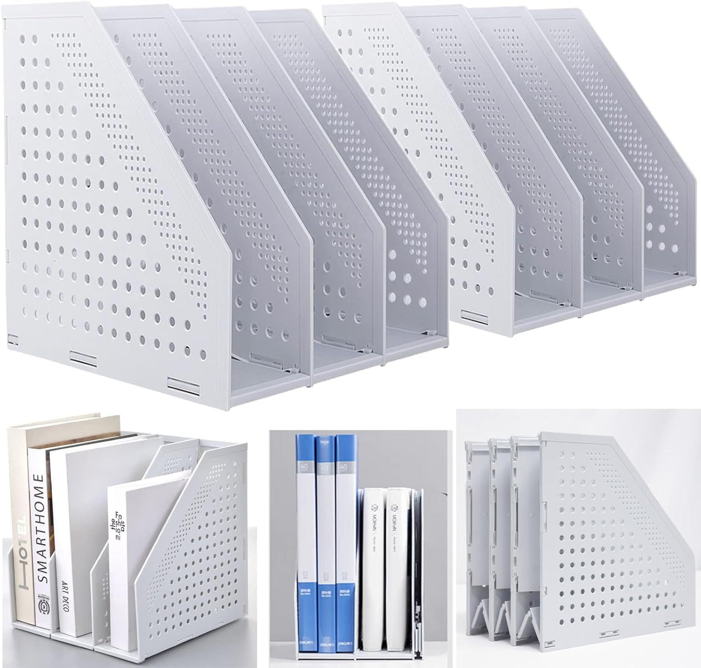 Marte Vanci Collapsible Magazine File Holder with 4 Vertical Compartments, Binder Holder for Desk, Desktop Binder Organizer for Notebook, Documents, Book, School Office Supplies(Light Gray)