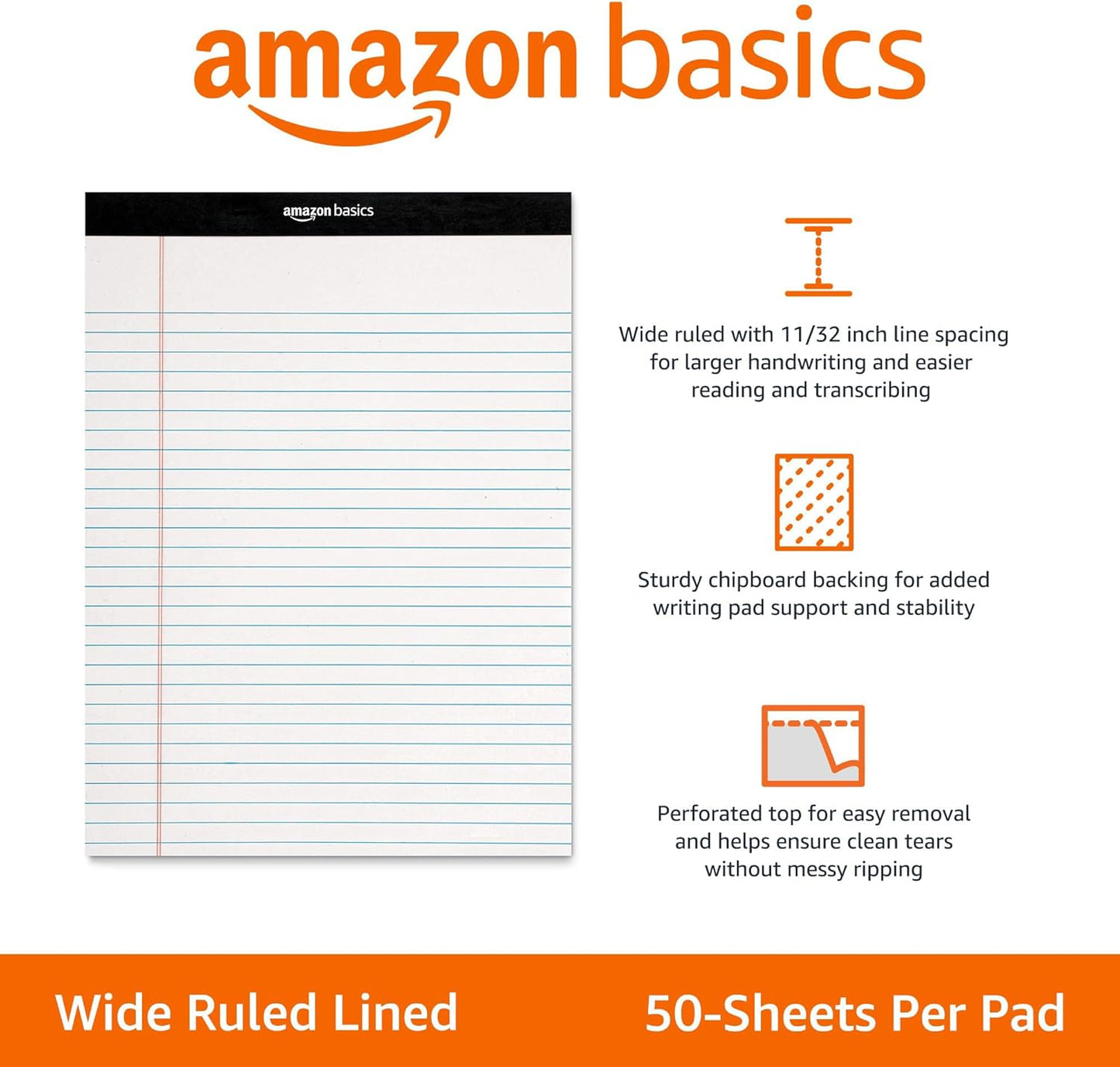 Amazon Basics Wide Ruled Lined Writing Note Pads with Sturdy Back, 8.5" x 11.75", Multicolor, 6-Pack, 300 Sheets, Perforated