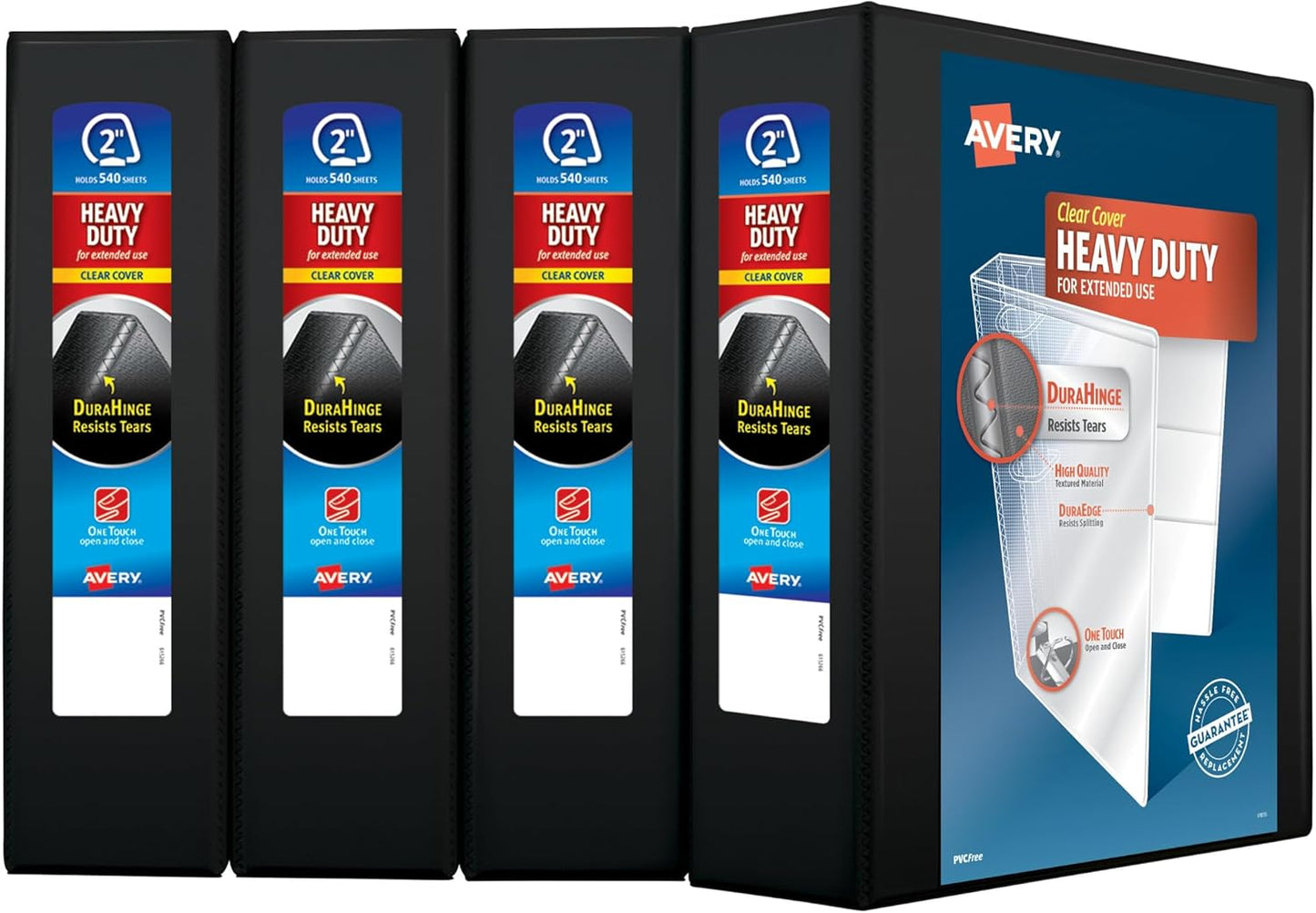 Avery Heavy-Duty View 3 Ring Binders, 1 Inch One Touch Slant Rings, DuraHinge, 1.4 Inch Wide Spine, Customizable Clear Cover and Spine, Black Binders (4-Pack of 79868)
