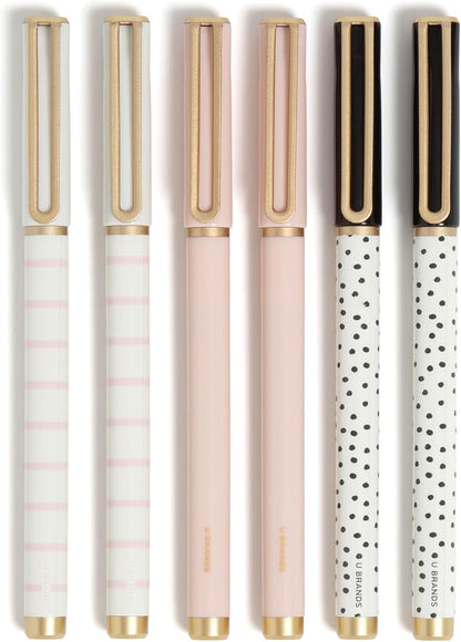 U Brands Catalina Felt Tip Pens, Set of 6 Black Ink Pens, Soft Touch Jewel Tones, Gold Details, Medium (0.7 mm) Point