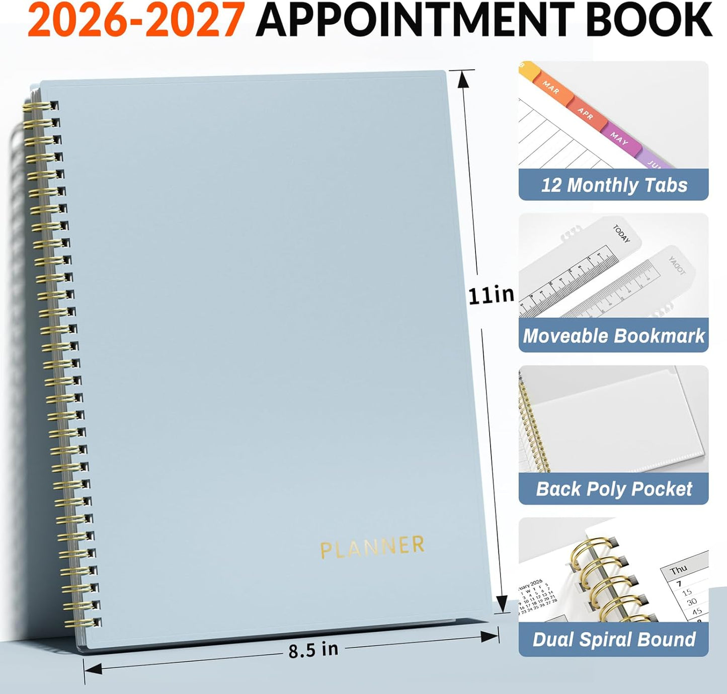 SUNEE 2026-2027 Appointment Book, Quarter-Hourly, Weekly & Monthly - from July 2026 to June 2027, 8.5"x11" Academic Planner, Flexible Cover, Note Pages, Bookmark, Spiral Binding, Black