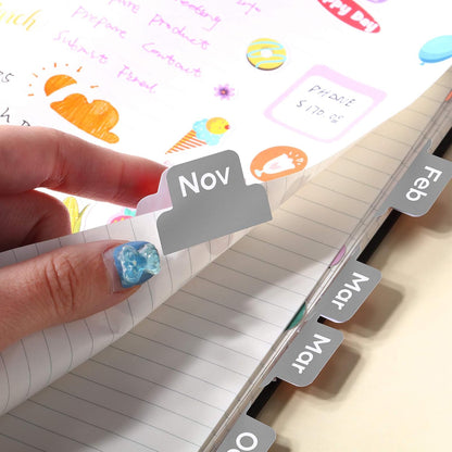 Outus 24 Pieces Monthly Adhesive Tabs for Planner - Designer Accessories Monthly Tabs Stickers Decorative for Office Planners Organizations Sturdy Notebook Planners Journal(Black)