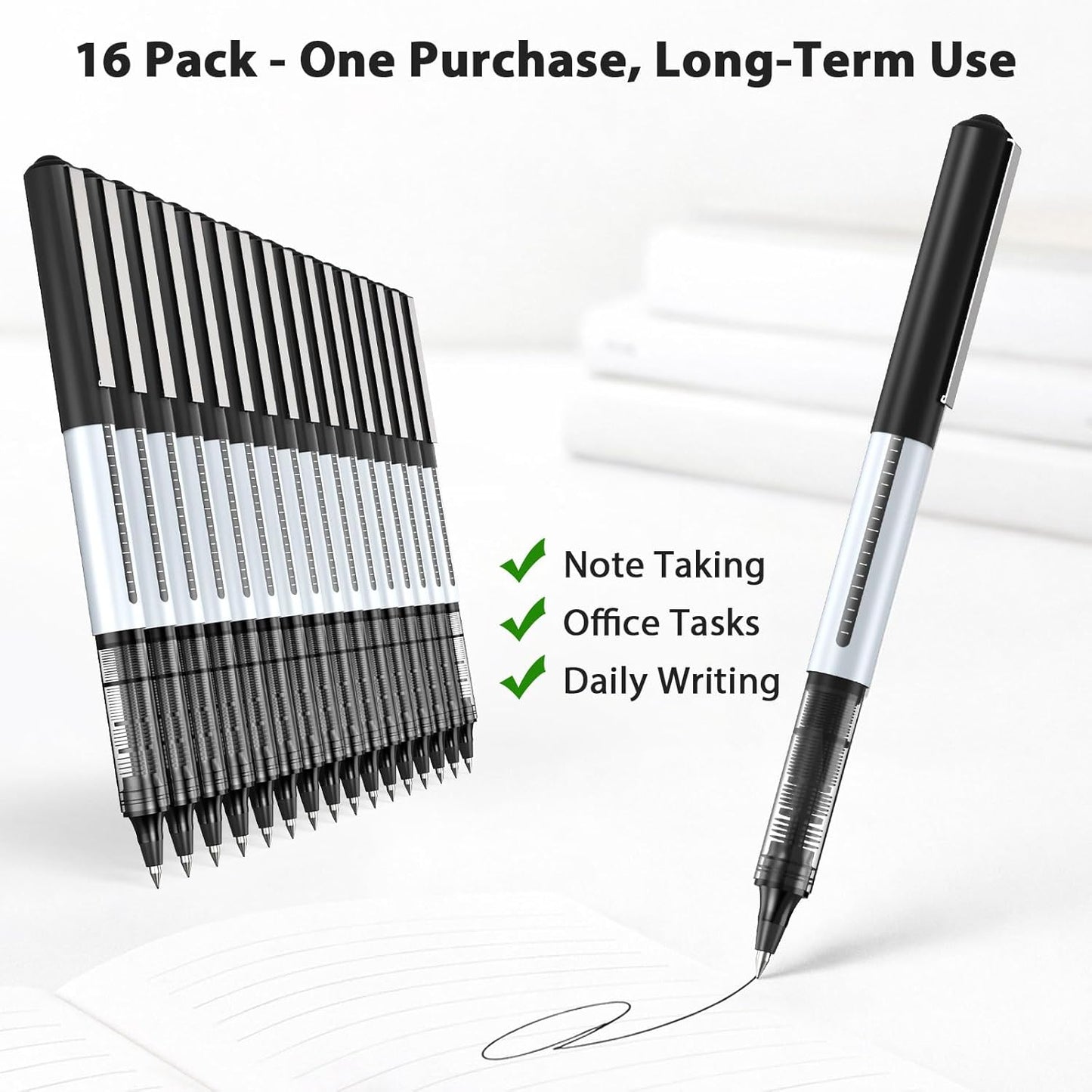 SAKEYR Rollerball Pens, 16 Pack Black Fine Point (0.5mm) Liquid Ink Pens for Smooth Writing, Quick-Drying, Note-Taking, Signatures, Office, School, Journaling & Daily Use
