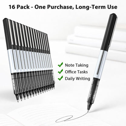 SAKEYR Rollerball Pens, 16 Pack Black Fine Point (0.5mm) Liquid Ink Pens for Smooth Writing, Quick-Drying, Note-Taking, Signatures, Office, School, Journaling & Daily Use