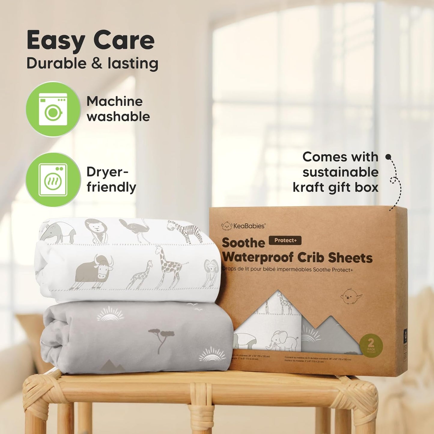 2-Pack Waterproof Crib Sheets for Boys, Girls - 52x28 Fitted Organic Cotton Baby Crib Sheets, Toddler Mattress Protector Cover, Washable, Soft & Durable Baby Bedding Essentials(Pine Grove)