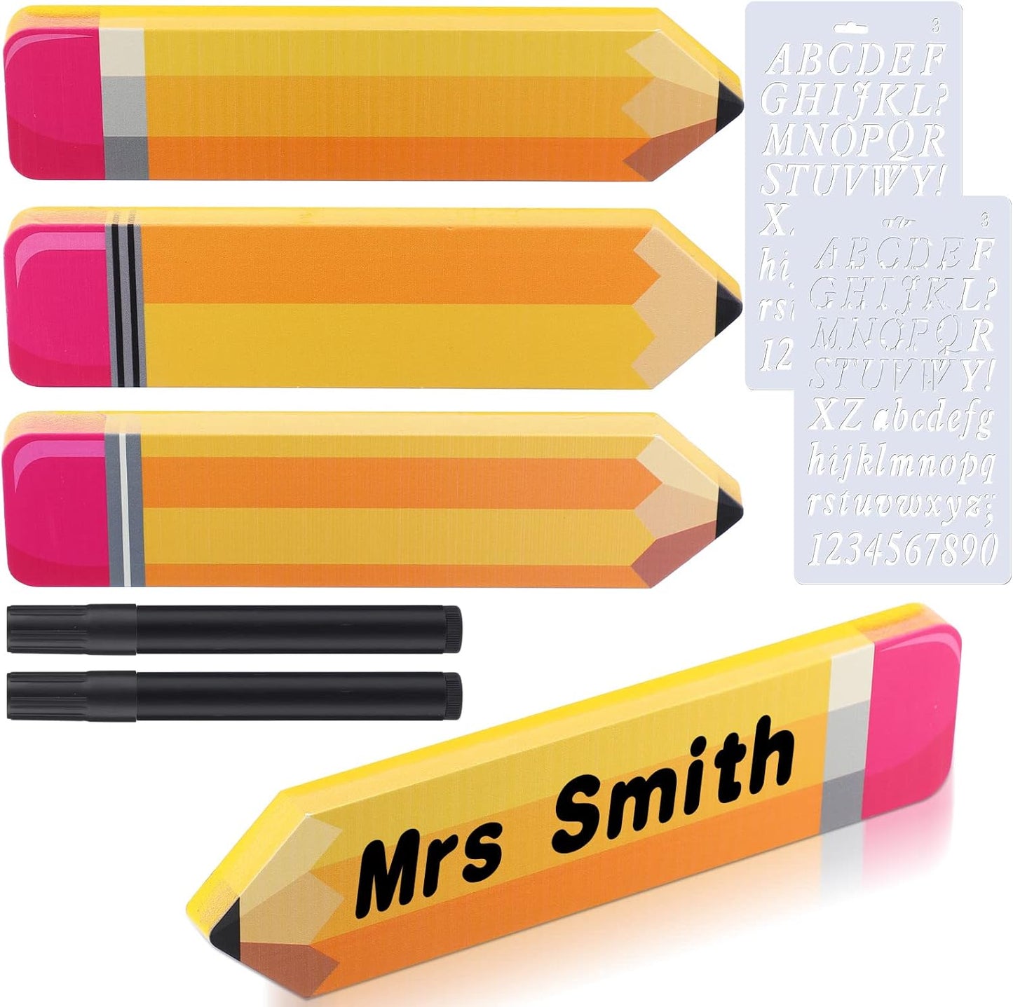 Faccito 3 Pcs Personalized Pencil Desk Name Plate with 2 Markers and 2 Letter Template Teacher Desk Name Plate for Kids Christmas End of Year Last or First Day Gifts School Desk School Office Supplies