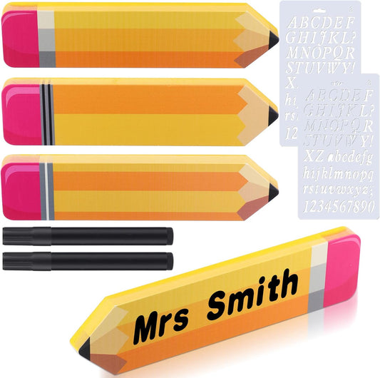 Faccito 3 Pcs Personalized Pencil Desk Name Plate with 2 Markers and 2 Letter Template Teacher Desk Name Plate for Kids Christmas End of Year Last or First Day Gifts School Desk School Office Supplies