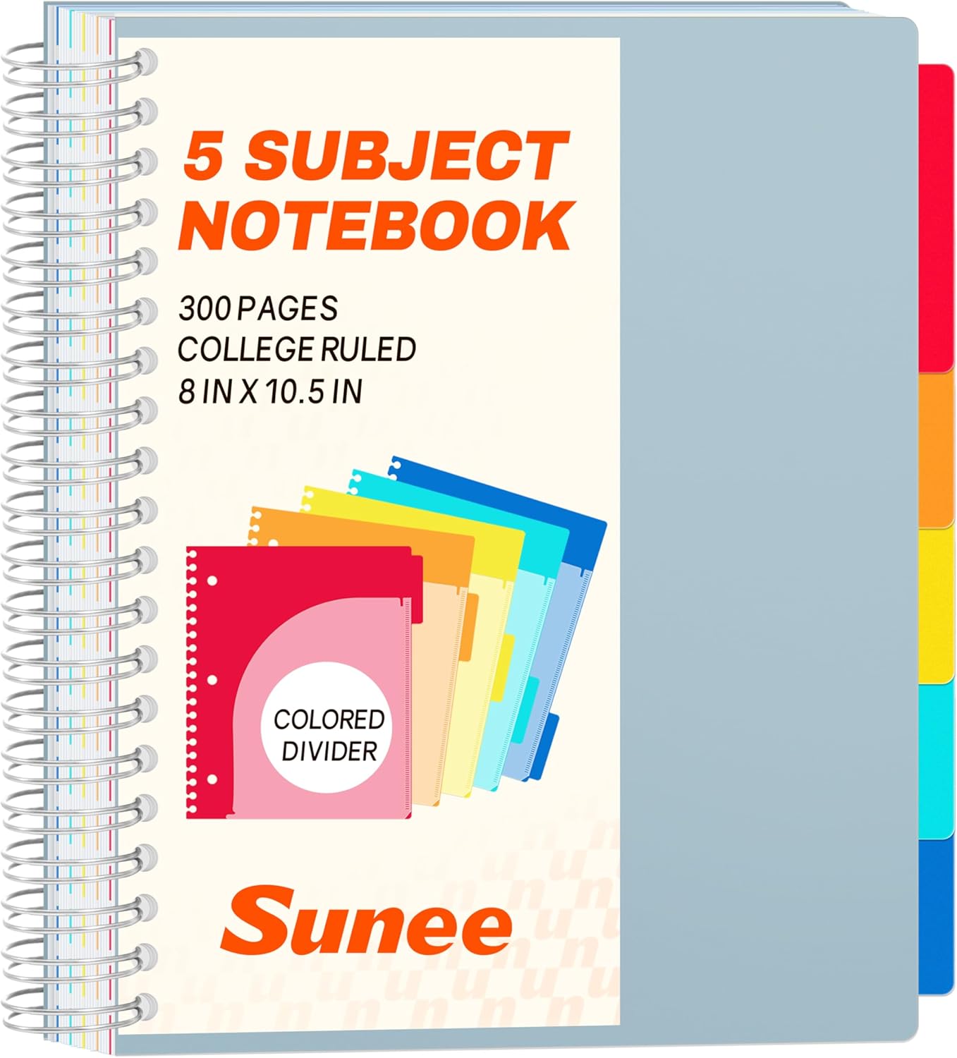 SUNEE Spiral Notebooks for Work with Removable Dividers & Tabs – College Ruled 5 Subject, 300 Pages, 3 Hole Punched, Durable PP Cover, 8"x10.5" – Notebooks for Office or School, Black