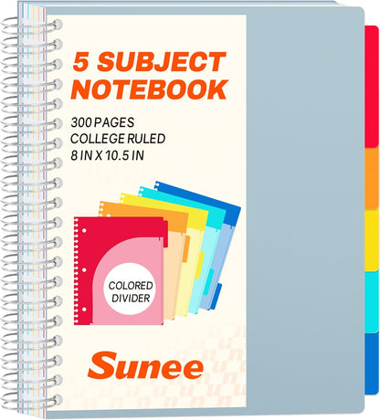 SUNEE Spiral Notebooks for Work with Removable Dividers & Tabs – College Ruled 5 Subject, 300 Pages, 3 Hole Punched, Durable PP Cover, 8"x10.5" – Notebooks for Office or School, Black