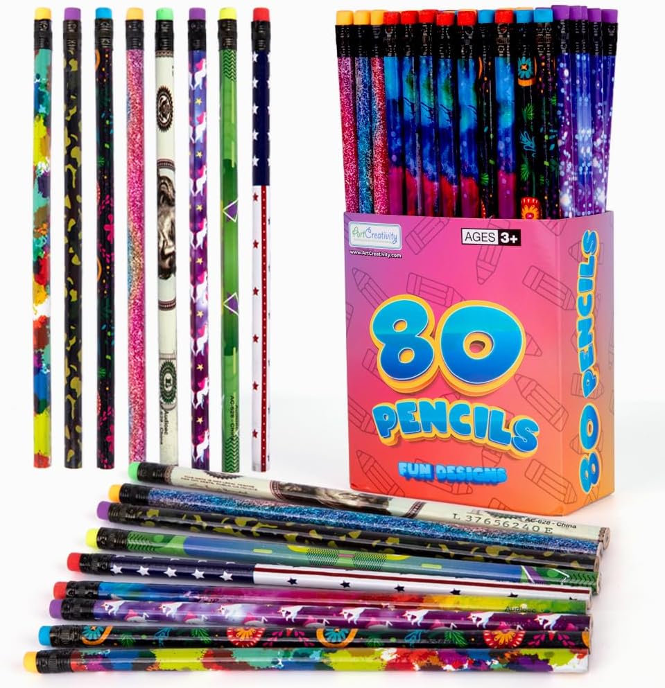 ArtCreativity Wooden Pencils for Kids With Eraser - 80 Count Assorted Number 2 Pencils, Fun Designs School Supplies - Bulk for Classroom - Great Party Favors