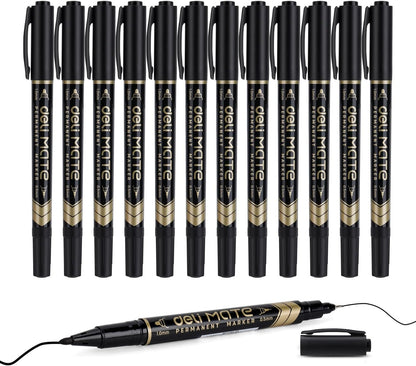 deli Twin Tip Permanent Markers, Fine Point and Ultra Fine Point for Signature and Marking, Black, 12 Count