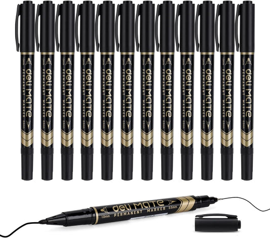 deli Twin Tip Permanent Markers, Fine Point and Ultra Fine Point for Signature and Marking, Black, 12 Count