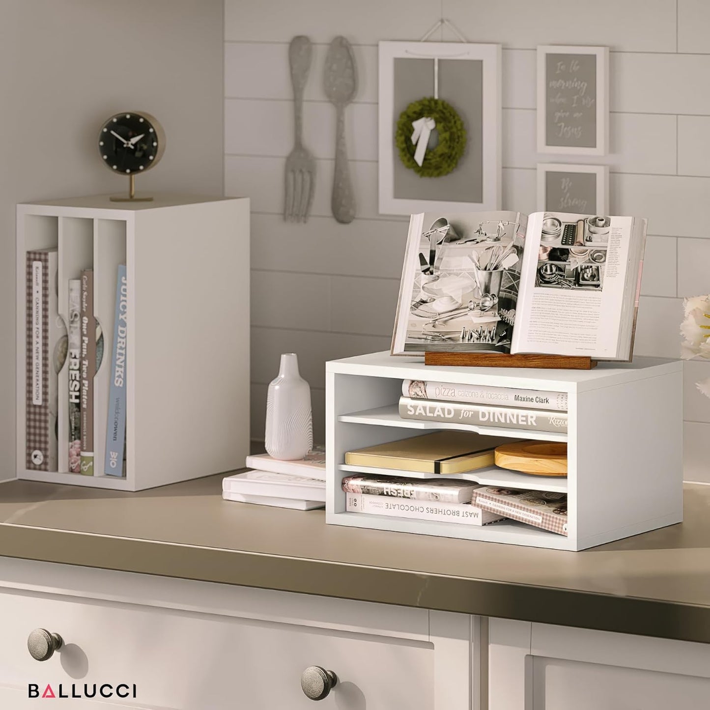 Ballucci File Organizer, 4-Tier Office Desk Organizer, Open Top Wood Paper Organizer for Classroom, Desktop Mail Sorter Paper Tray, Black