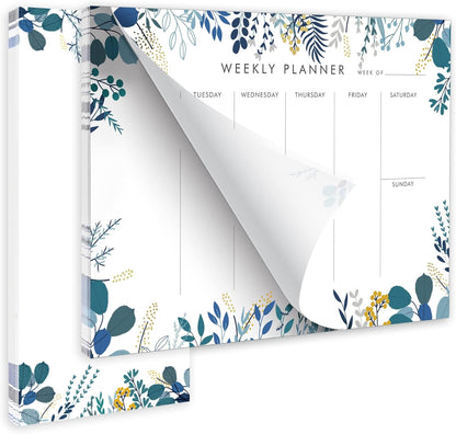 Weekly Planner Notepad Tear Off Set of 2 Weekly Calendar Pad 52 Undated To Do List Notepad Sheets Desk Planner Planning Pads Productivity Tracker for Work Goals Notes Schedule Ideas, Floral Blue