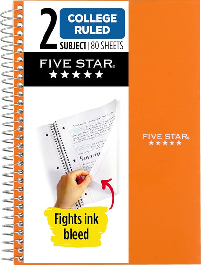 Five Star Spiral Notebook, 2 Subject, College Ruled Paper, 6" x 9.5", 80 Sheets, Blue (Color May Vary) (840029CG1)