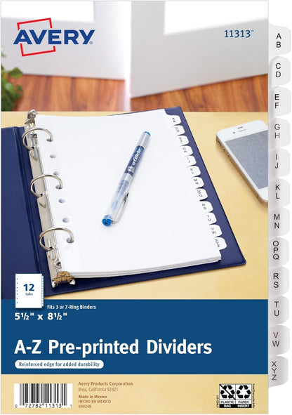 Avery A-Z Mini Dividers for 3 Ring Binders, 12 Tabs per Set, 8.5" x 5.5", Pre-Printed Tabs, 4 Binder Divider Sets, Great for Organizing Notes, Projects, Schedules, and More (43131)