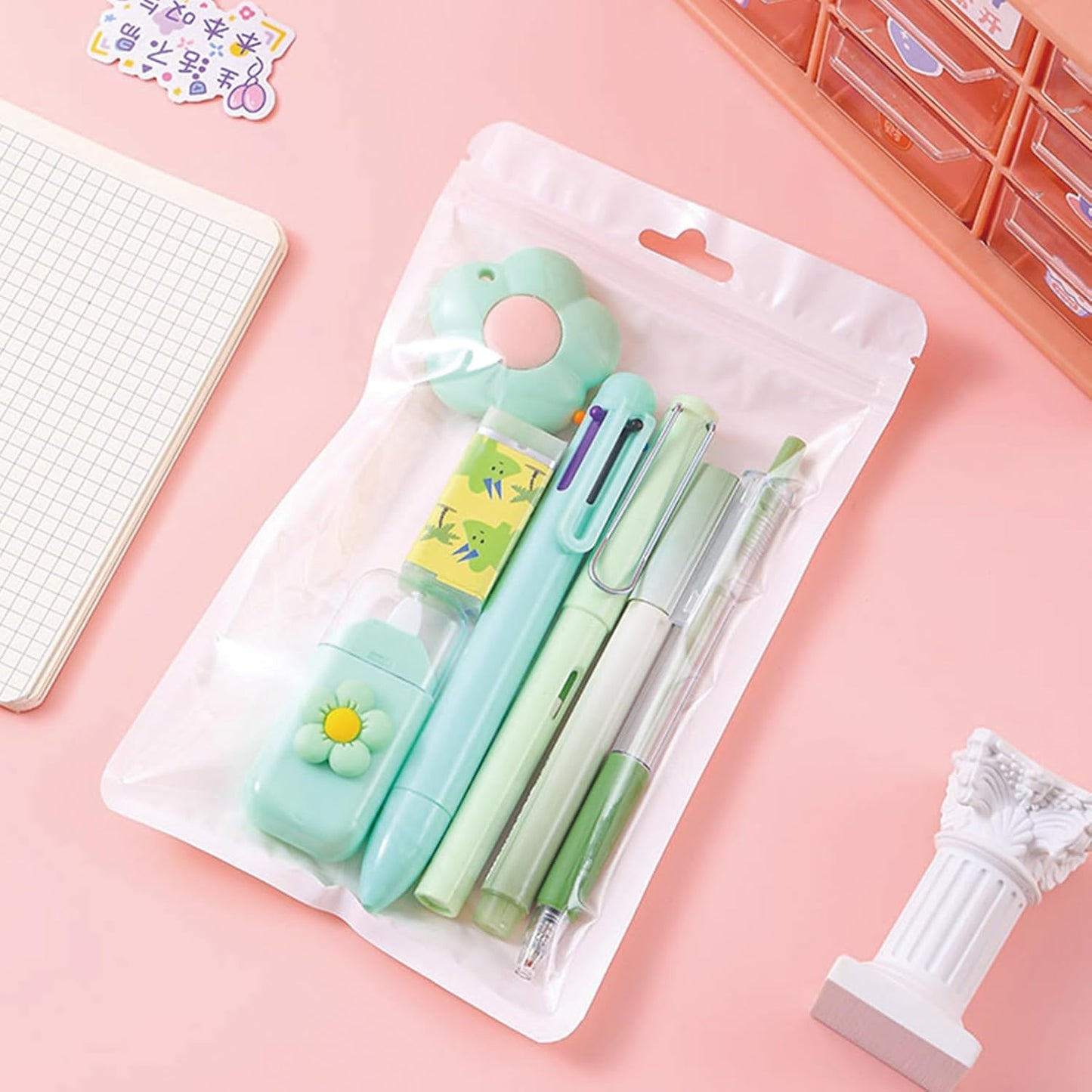 7 Pcs Cute Blue Stationery Set Kawaii School Supplies Office Supplies Including Ballpoint Pens Pencil Sharpener Highlighter Correction Tape Ruler Utility Knife (Blue)