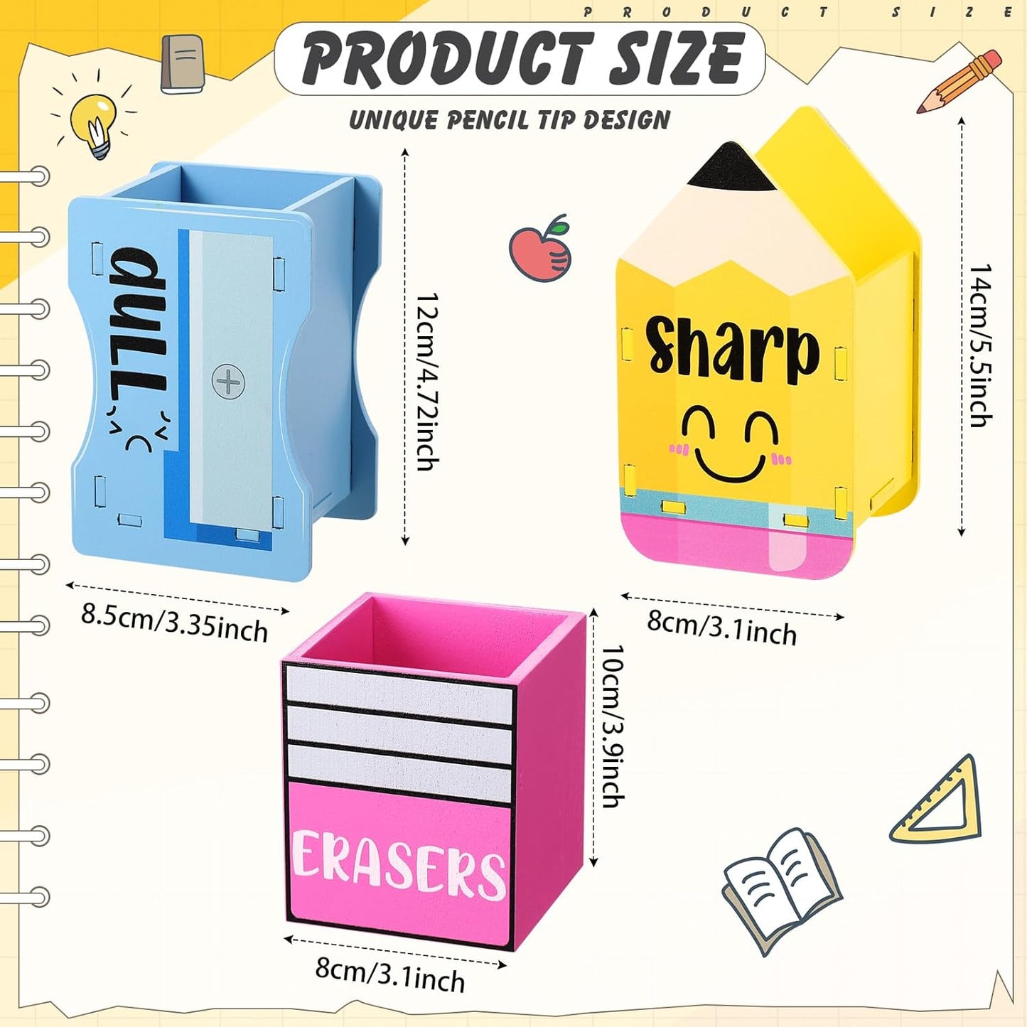 AmazingSpark 3 Pcs Pencil Shaped Holder Sharp and Eraser and Dull Holder Wooden Dispenser Pencil Storage Organizer for Back to School Management Organization (Classic)