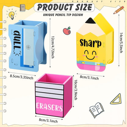 AmazingSpark 3 Pcs Pencil Shaped Holder Sharp and Eraser and Dull Holder Wooden Dispenser Pencil Storage Organizer for Back to School Management Organization (Classic)