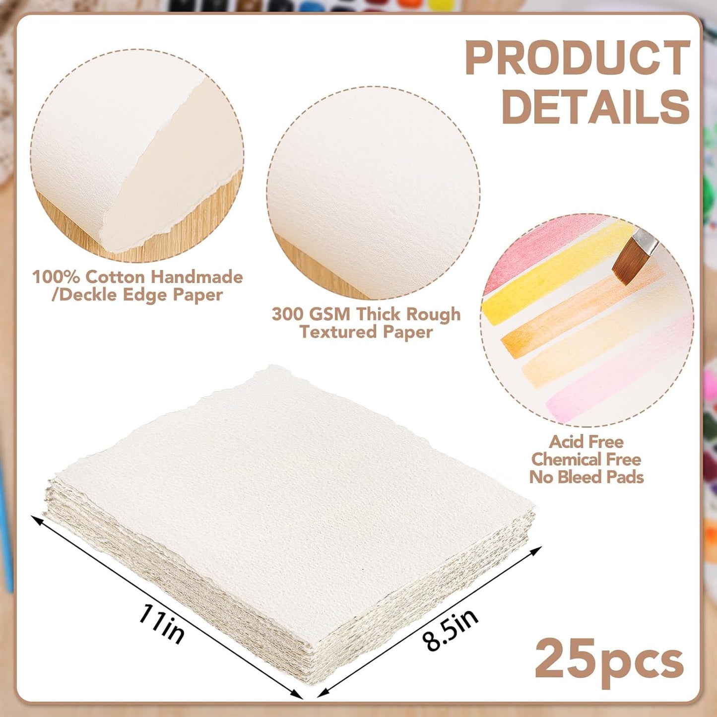 Prudiut 25 Sheets Cotton Watercolor Paper, 300 GSM Deckled Edge, 5 x 7 inch, Rough/Textured, White, for Watercolors, Wedding Invitations, Cards, Crafts