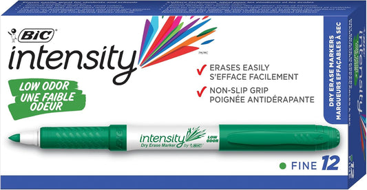 BIC Intensity Green Low Odor Dry Erase Markers, Fine Tip, 12-Count Pack of Erasable Markers With Low-Odor Ink for a Pleasant Writing Experience