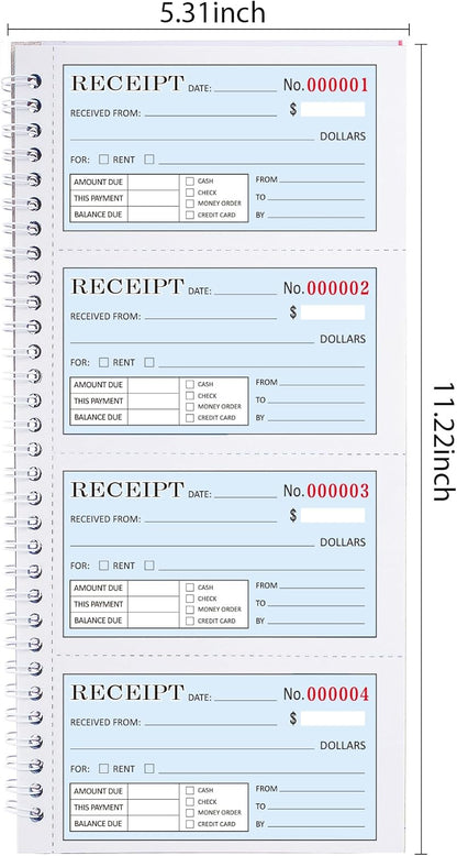 Zzrywuty Money and Rent Receipt Book with Cardboard Insert,2-Part Carbonless,5.3”x11.2” Spiral Bound,200 Sets per Book,4 Receipts per Page for Office Supplier,Rent and Cash Transaction