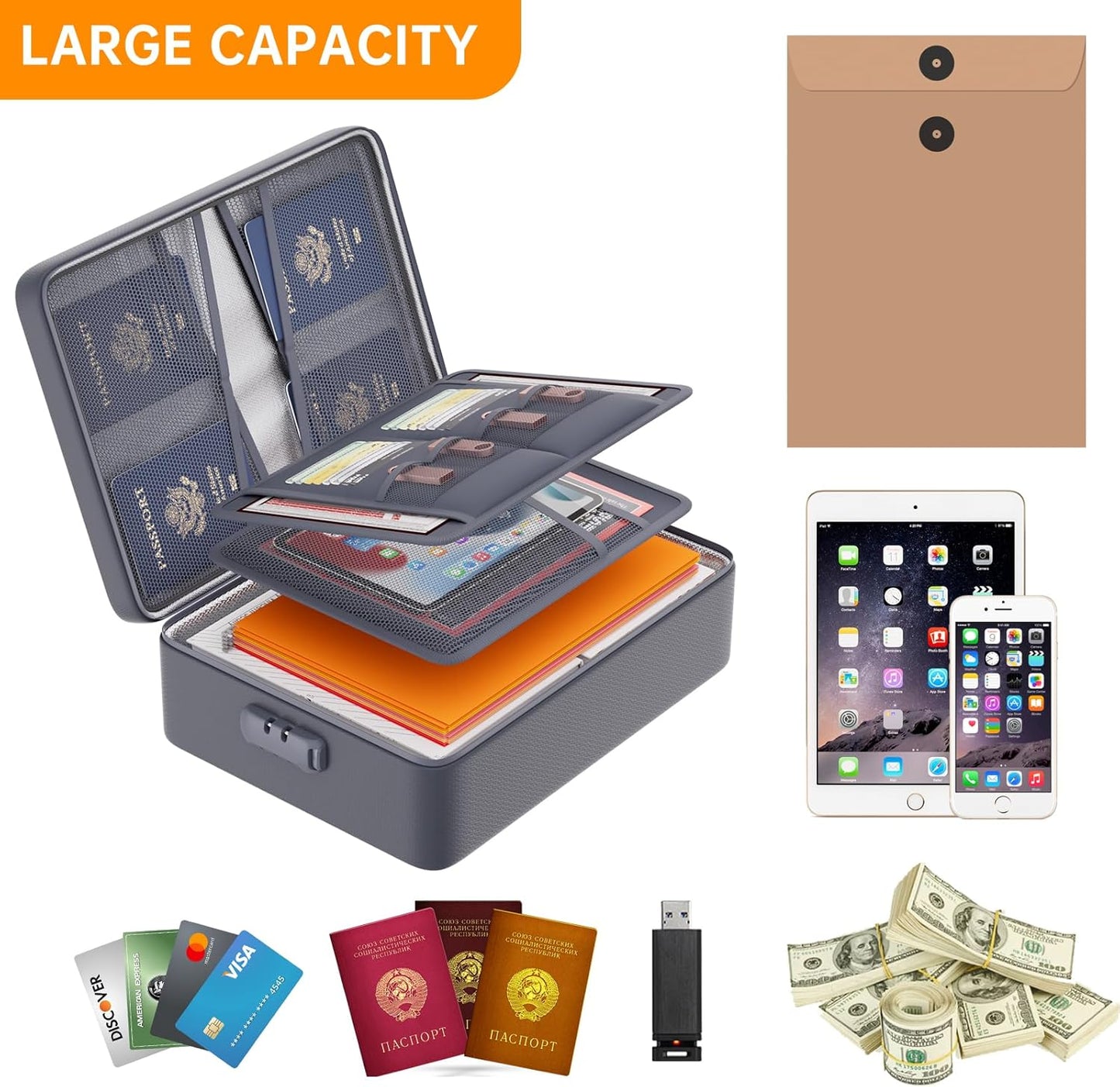 DocSafe 5200°F Document Organizer with Lock, Upgraded Heat Insulated Fireproof＆Water-Resistant Box 8 Layers File Organizer, Portable Home Travel Safe Storage for Important Documents and More