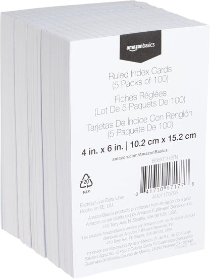 Amazon Basics Ruled Lined Index Cards for Study, Notes and Recipes, White, 3" x 5", 1,000 Count (10 Pack of 100)