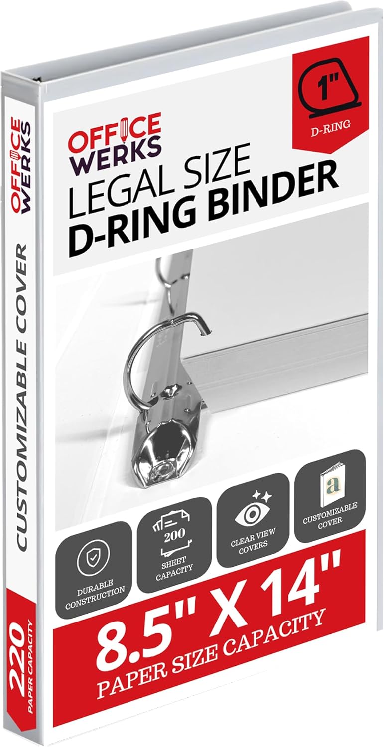Office Werks Heavy Duty Legal Size View Binder - 14" x 8.5", White, 1 Inch D-Ring, Back Mount Binder