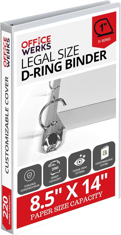 Office Werks Heavy Duty Legal Size View Binder - 14" x 8.5", White, 1 Inch D-Ring, Back Mount Binder