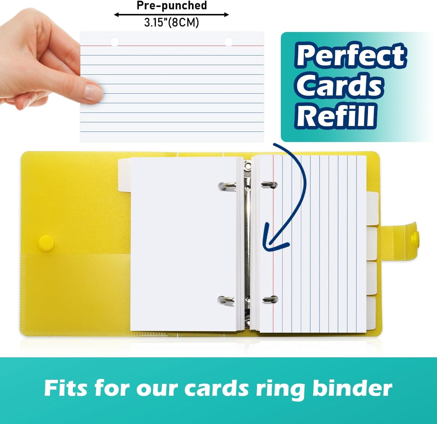 3x5 Lined Index Cards with Ring Binder Holder and Dividers, 100 Ruled Cards, Blue