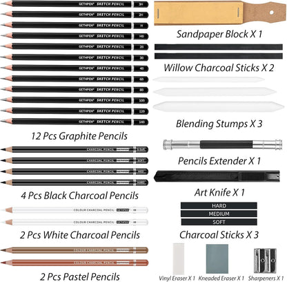 Drawing Sketching Pencil Set, 24 Piece Pro Artist Sketch Kit - Graphite Pencils (12B-4H),Charcoal Pencils for Drawing,Black and White Charcoal Pencils,Charcoal Sticks,Stumps,Eraser,Sharpeners