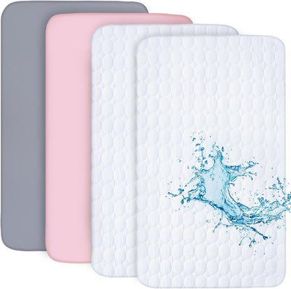 Pack and Play Sheets and Waterproof Pack n Play Mattress Protector Pad Cover 4 Pack Set, Ultra Soft Pack n Play Mattresses Sheets Compatible with Graco Pack n Play, Grey&Navy